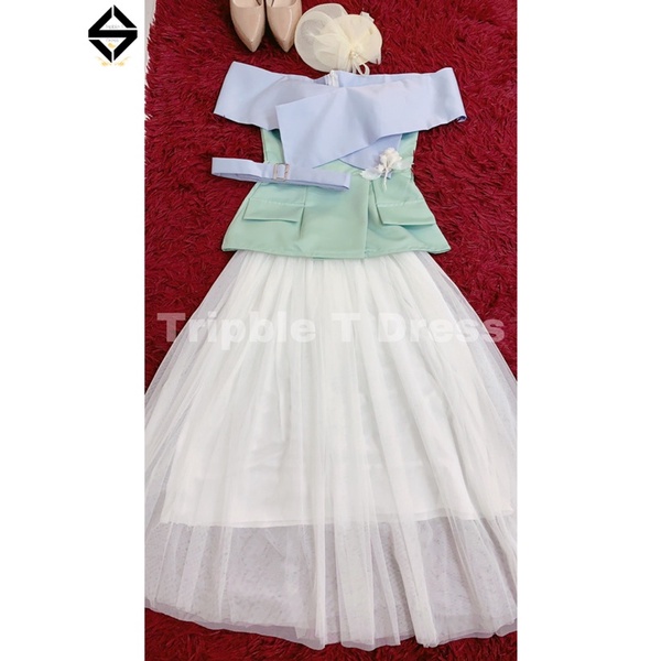 Sét đầm xoè dự tiệc bẹt vai + CV 3 lớp + nịt eo và hoa cài - size S/M/L - MS241Y