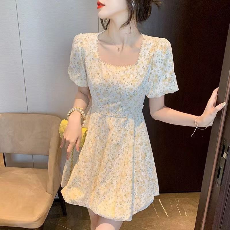 Váy hoạ tiết hoa nhí tiểu thư cổ vuông sau lưng buộc nơ phong cách hàn quốc 2022