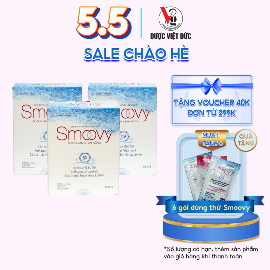 Combo 3 dung dịch vệ sinh phụ nữ thế hệ mới Smoovy Cool dưỡng ẩm làm mát và làm hồng vùng kín (150ml/chai)