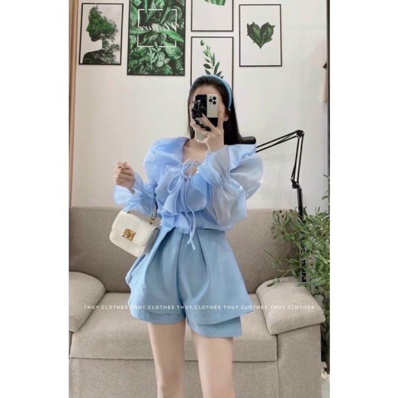 SET ÁO KIỂU PEPLUM CỔ BÈO TAY BO KÈM CHÂN VÁY TẦNG XANH DỄ THƯƠNG