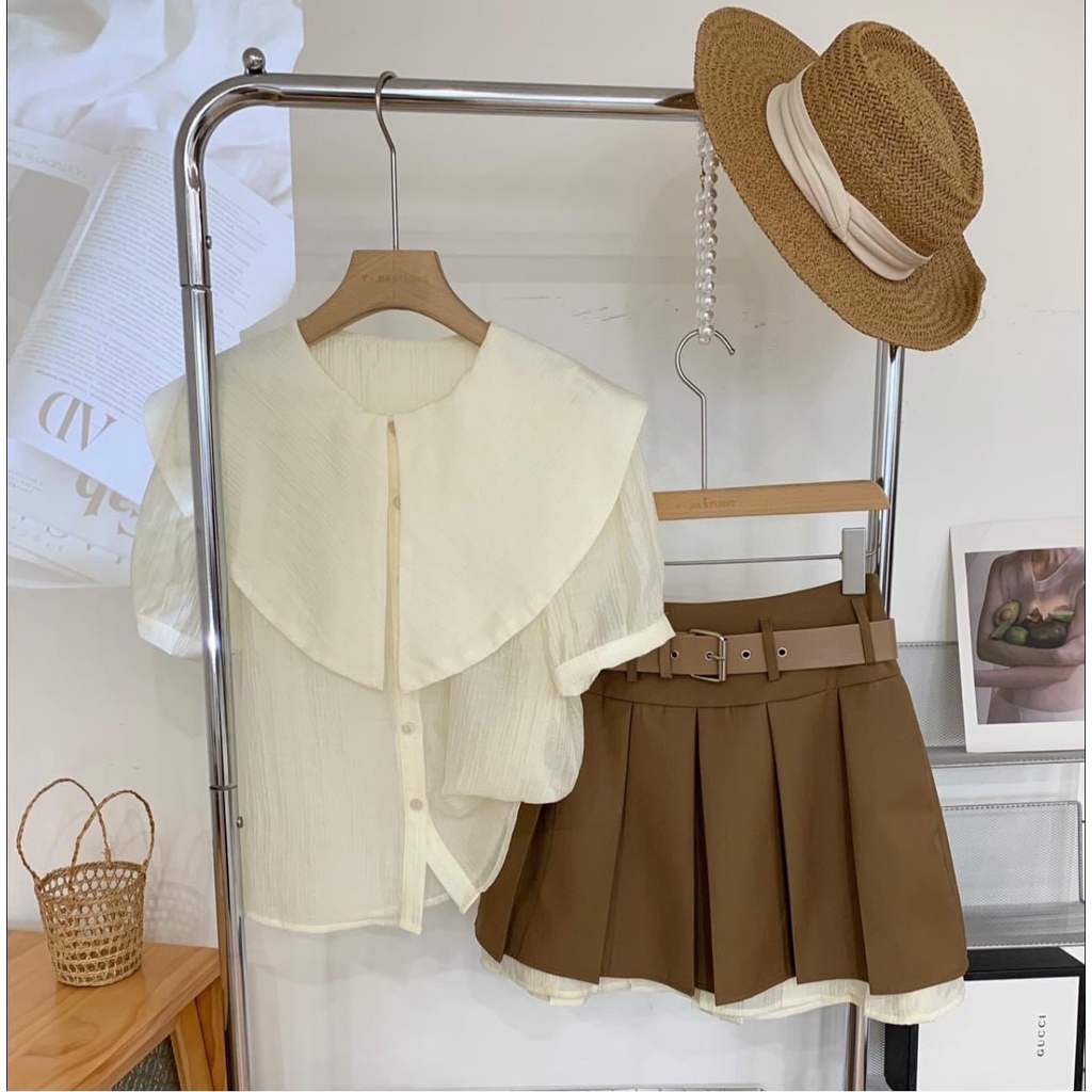 Bộ Áo Sơ Mi Cộc Tay Tiểu Thư Kèm Chân Váy Kaki Xòe Viền Bèo 🦋 Set Áo Nữ Cổ Sen Kèm Váy 2 Lớp Siêu Xinh 🦋