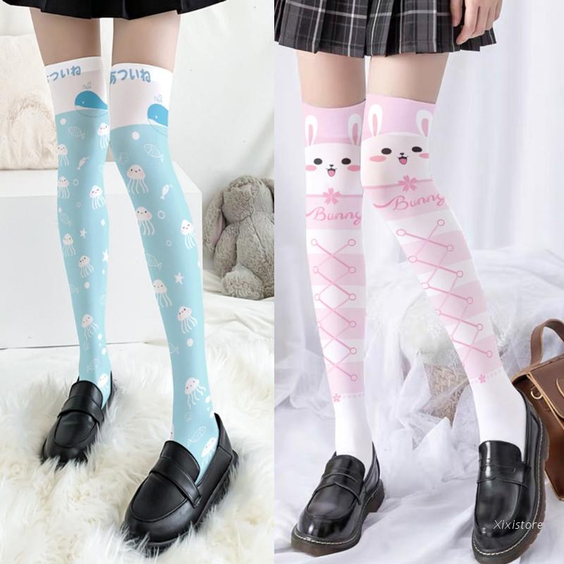 XIXI Vớ dài qua gối in họa tiết hoạt hình phong cách Harajuku Nhật Bản dễ thương cho nữ
