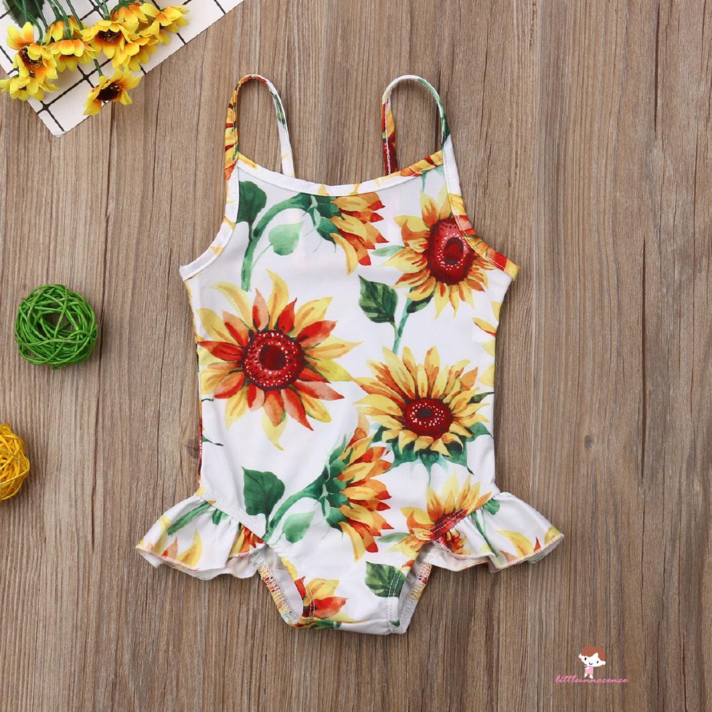 ❤XZQ-0-24m Newborn Baby Girl Swimsuit Sunflower Printing Jumpsuit Sling Bathing Beachwear