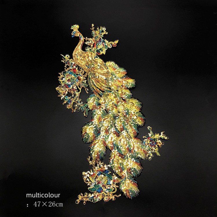 Miếng Dán Ủi Quần Áo Hình Chim Công Đính Kim Sa Lấp Lánh 47 * 26cm