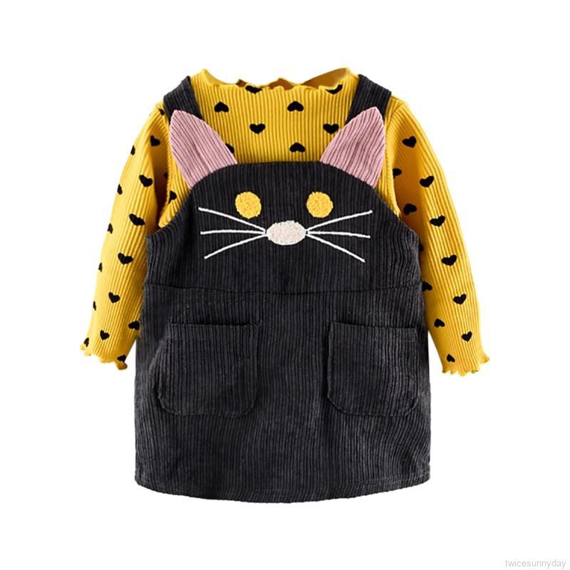 Set áo thun dài tay cổ tròn + Quần yếm dài đáng yêu cho bé gái