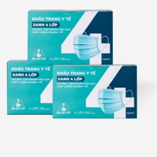 Combo 3 Hộp Khẩu trang Bông Bạch Tuyết 4 lớp xanh (50 cái/hộp) tặng 1 khăn mặt cotton hoặc băng đô cotton