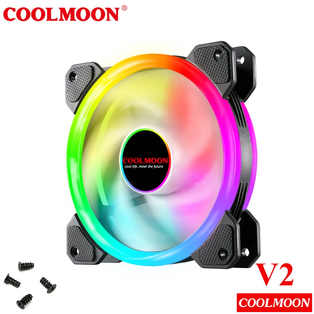 Quạt Tản Nhiệt, Fan Led ARGB Coolmoon V2 &amp; Bộ Hub Coolmoon + điều khiển - Tặng kèm ốc vít