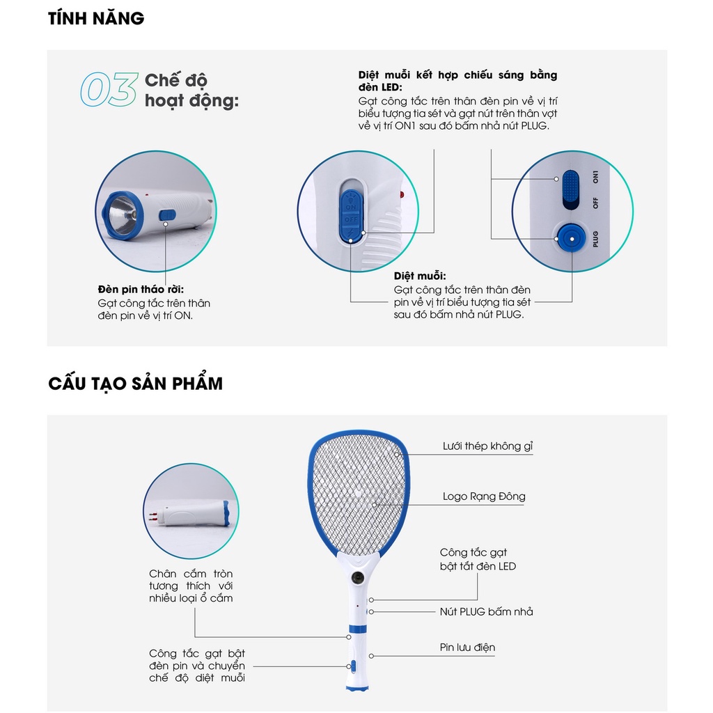 Vợt muỗi điện quang Rạng Đông kiêm đèn pin tháo rời sử dụng như đèn pin siêu sáng, Pin sử dụng 10 giờ, Điện áp ≥ 3.0 kV