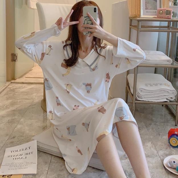 SY Váy ngủ nữ dài tay xuân thu phiên bản Hàn Quốc rộng rãi và dễ thương Bộ đồ cho bà bầu plus size có thể mặc nhà
