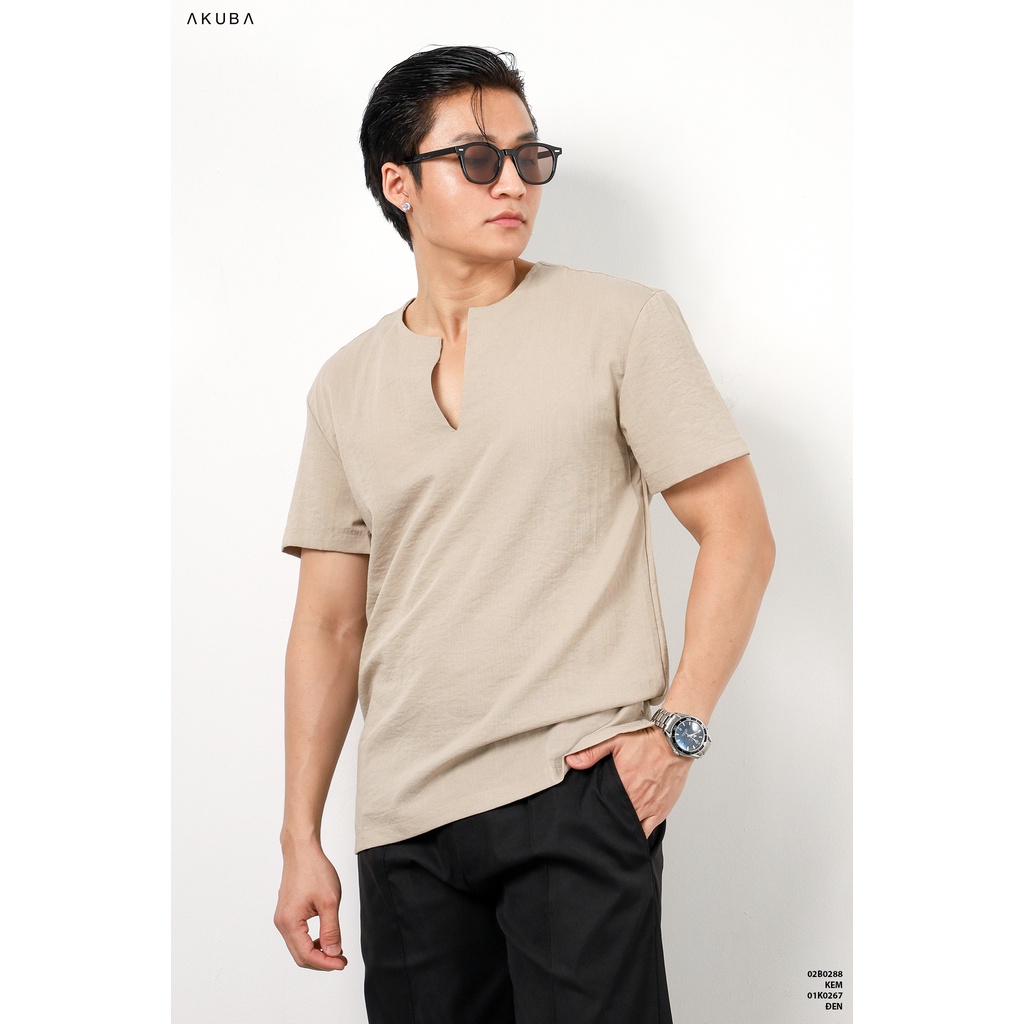 Áo linen nam tay ngắn trơn AKUBA form regular, vải linen nhẹ, thấm hút cực tốt, co giãn tốt thoáng mát 02B0288