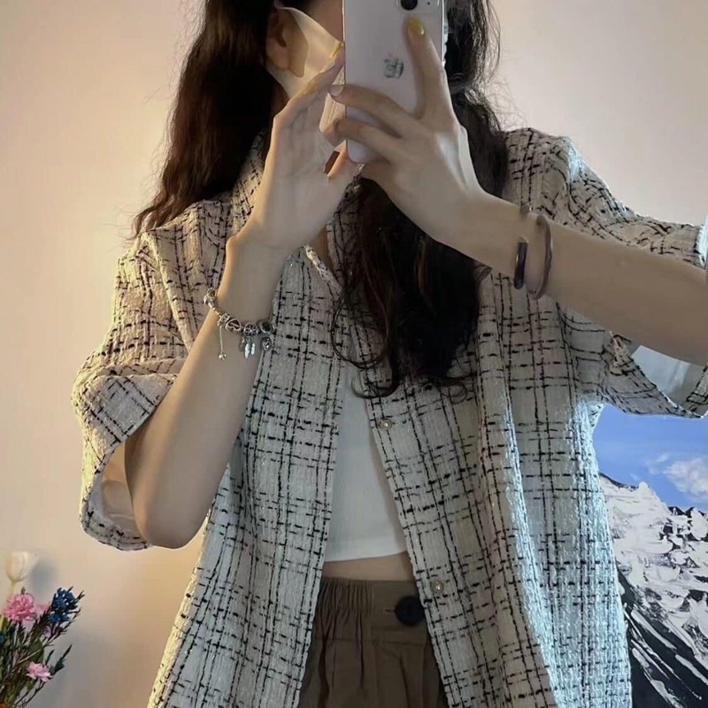 Áo Sơmi Kẻ Siêu Xinh Khoác Bên Ngoài Basic Hàn Quốc