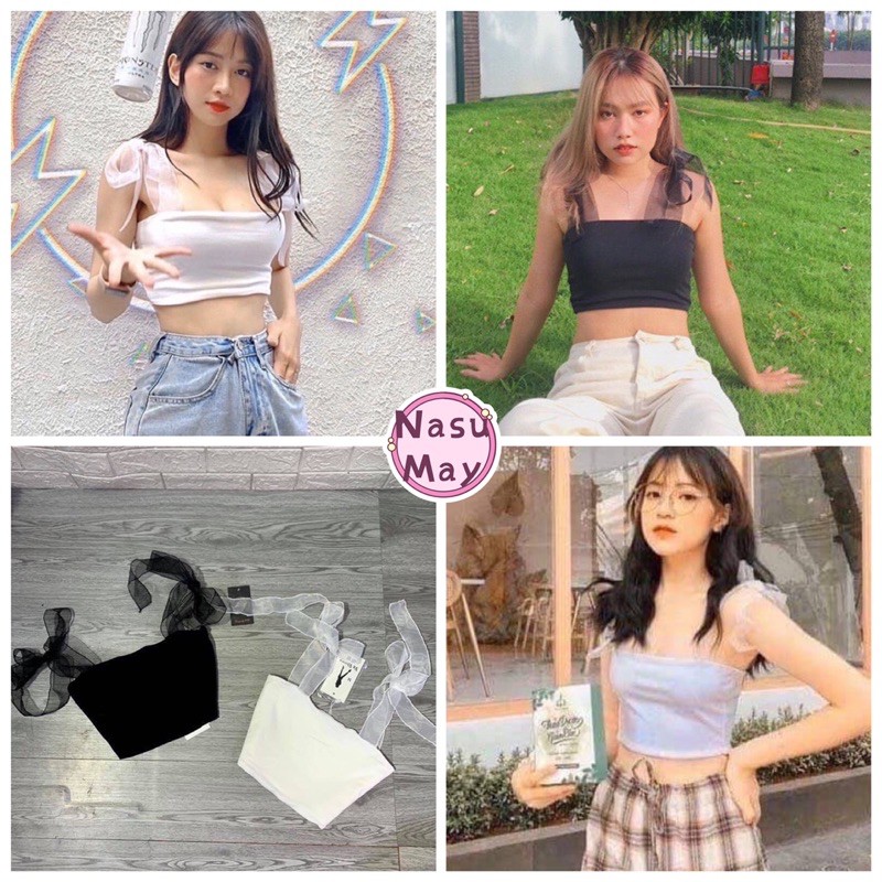 Áo hai dây buộc nơ dây voan 🦋 Áo ống quây nữ đen trắng croptop 2 dây 🦋