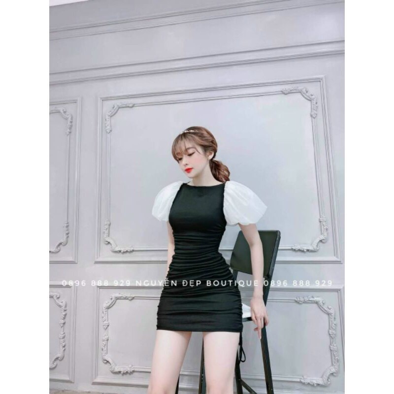 Đầm body tay phồng rút dây hai bên hông xinh xắn