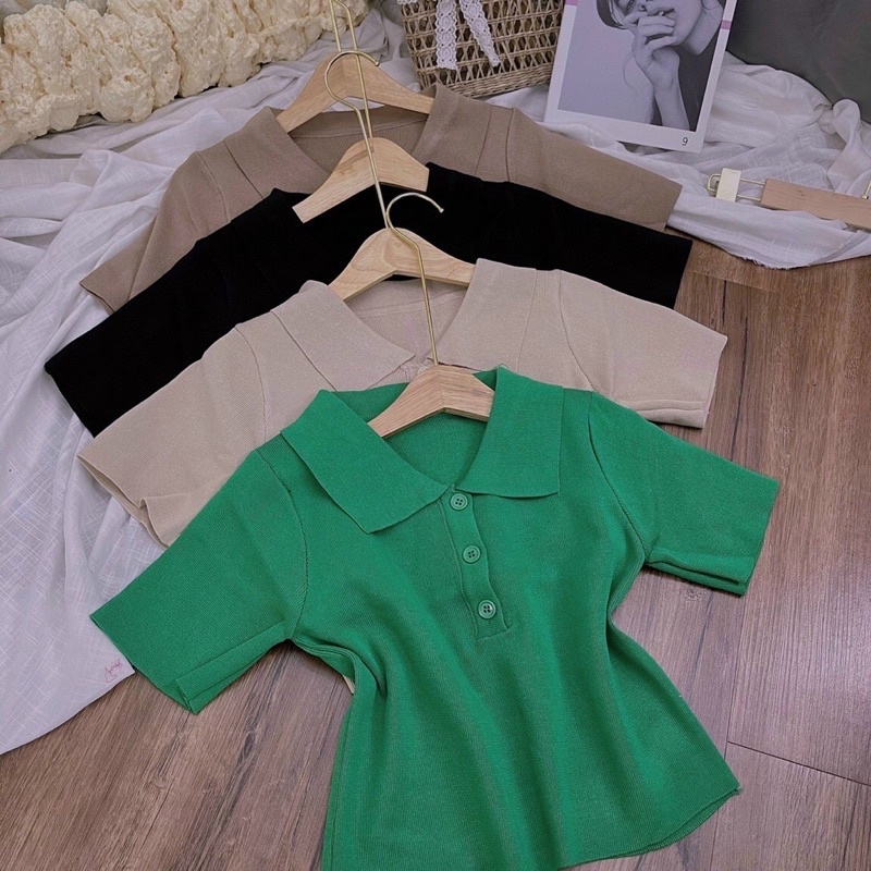 Áo len nữ dệt kim cộc tay cổ bẻ dáng croptop