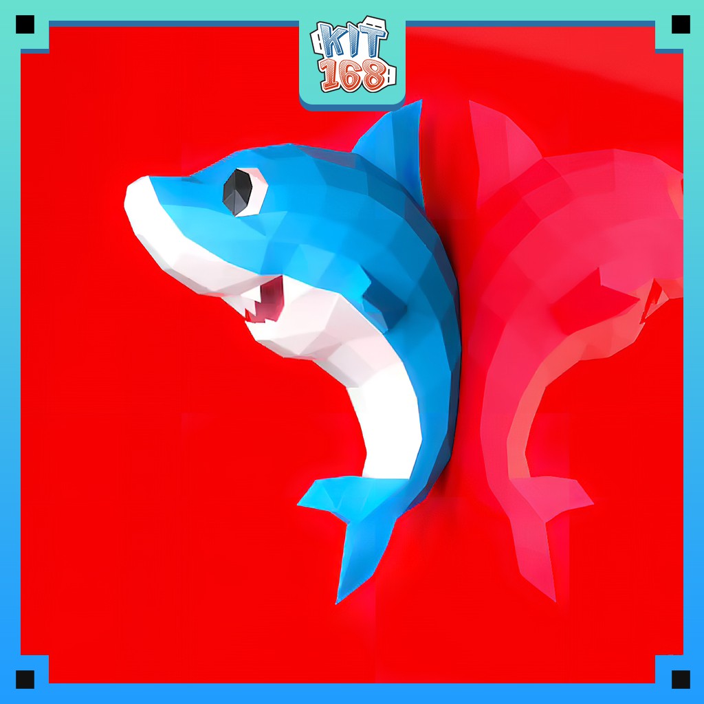 Mô hình giấy động vật Baby Shark màu xanh gắn tường