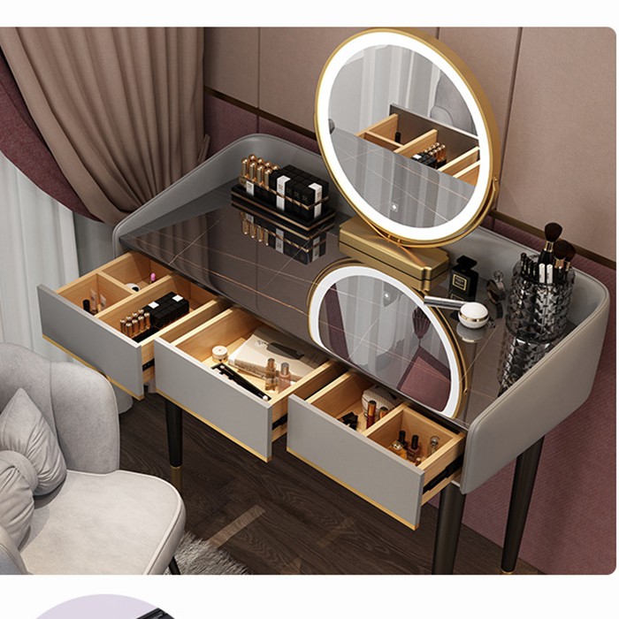 Bàn trang điểm bắc âu gương đèn led cảm biến thông minh có táp 3 ngăn kéo, bộ bàn trang điểm có gương led