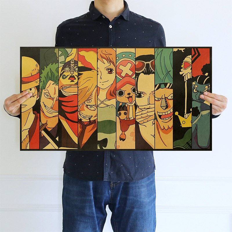 Tranh dán tường anime, poster One piece băng Luffy mũ rơm chất liệu giấy Kraft dày, kích thước lớn 120 x 70cm