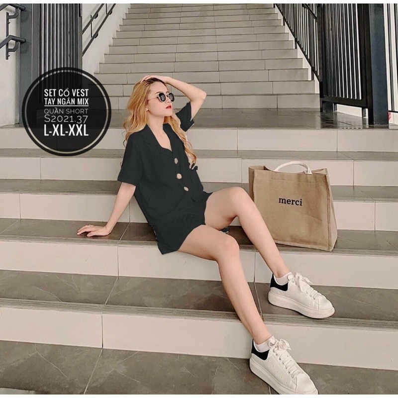 Set cổ vest tay ngắn mix quần shot bigsize✔️VIDEO THẬT✔️ (có size 55/90kg)