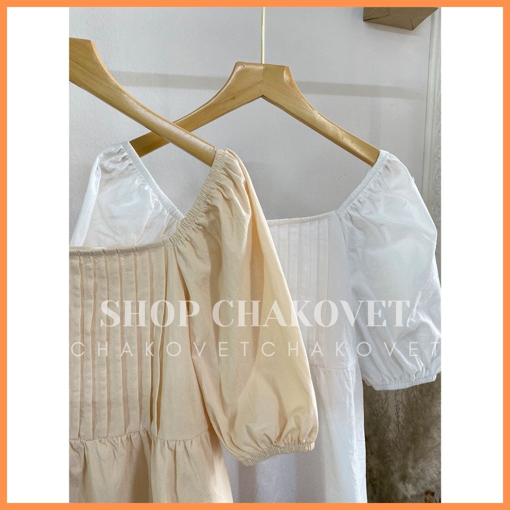 Áo sơ mi nữ tay bồng màu trắng be A856, kiểu áo nữ cộc tay cổ vuông xếp ly ngực, dáng áo babydoll đẹp trẻ trung cá tính