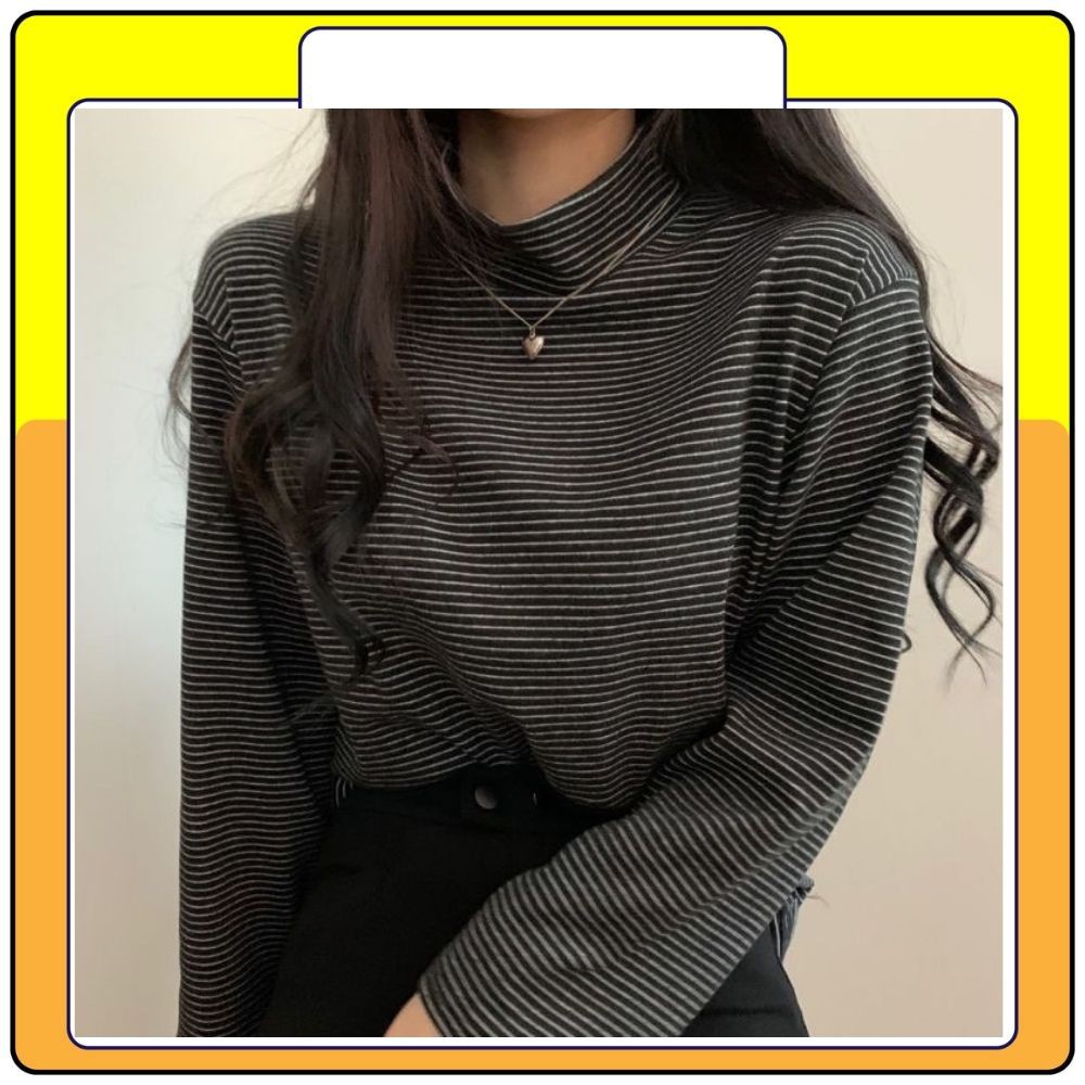Áo nỉ sweater kẻ cổ lọ , áo len kẻ ngang cổ cao tay bồng cá tính năng động Queenshop