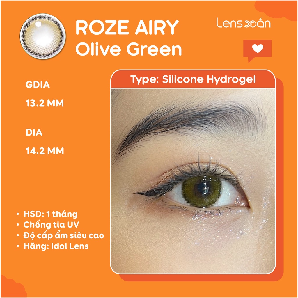 KÍNH ÁP TRÒNG ROZE AIRY OLIVE GREEN CỦA IDOL LENS : LENS SILICONE NÂU ÁNH XANH OLIVE CÓ ĐỘ CẬN LỆCH | LENS XOẮN