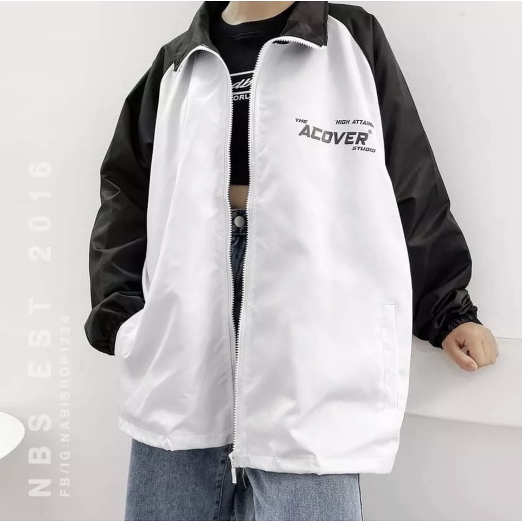 Áo Khoác Dù Jacket ACOVER đen phối trắng form rộng unisex nam nữ chống nắng vải dù 2 lớp - SHOP MAYLAN