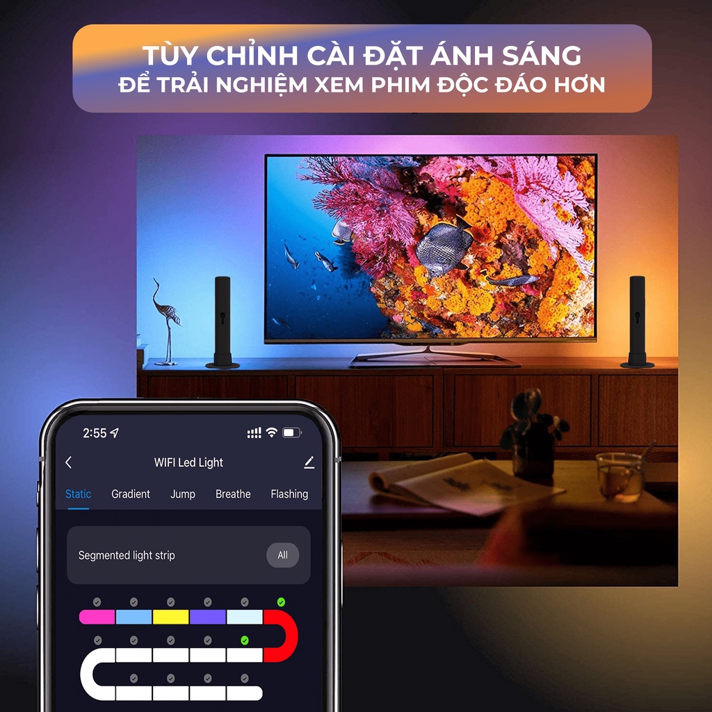 Đèn LED cây thông minh Dancam Tuya smart RGB 12 chế độ giải trí cho PC,TV, trang trí phòng