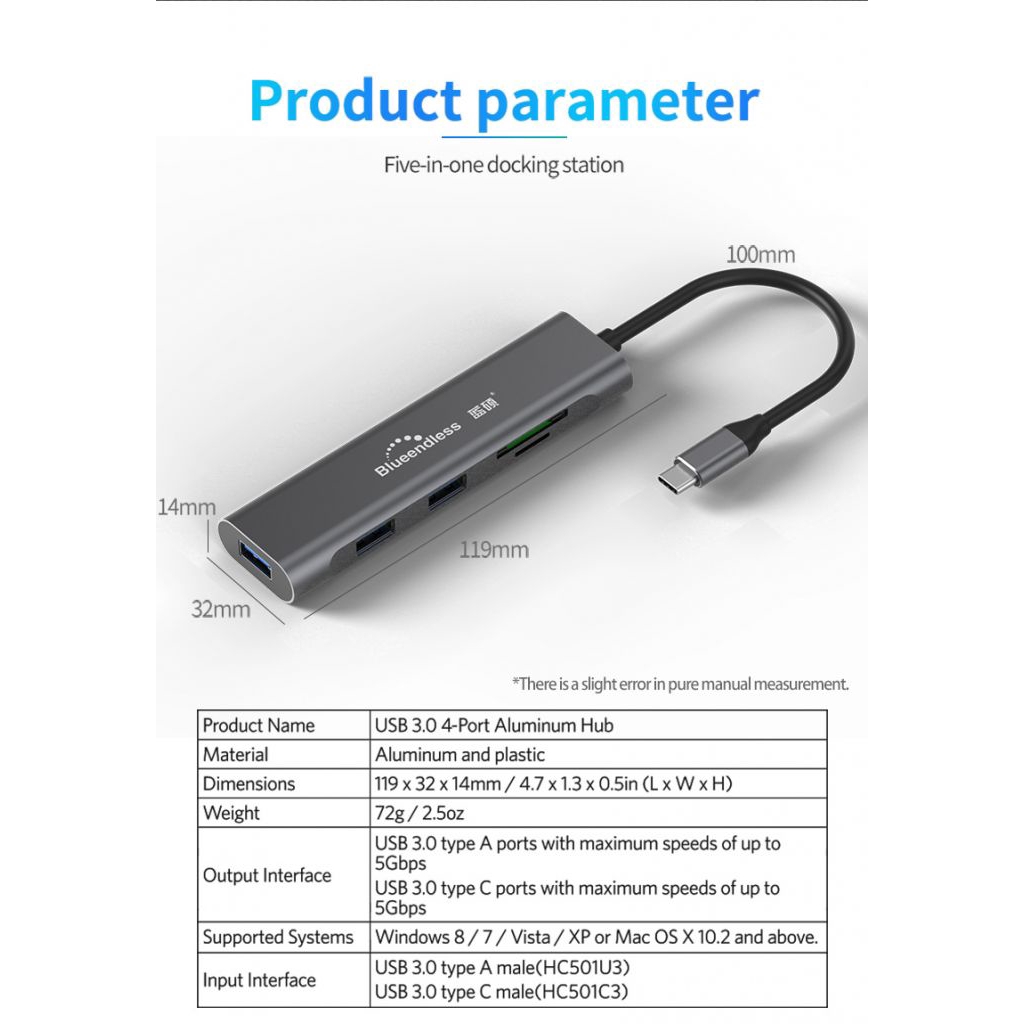 Thiết bị trạm kết nối loại C USB 3.0 HDMI TF LAN PD Blueendless 9 trong 1 cho Macbook Huawei Ziyi