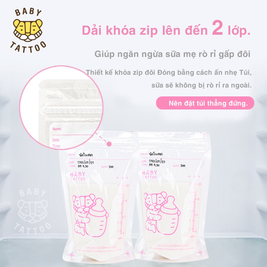 BABY TATTOO Hộp 32 Túi Đựng Sữa Mẹ Tiệt Trùng, An Toàn Cho Sức Khỏe Bé, Túi 200ml