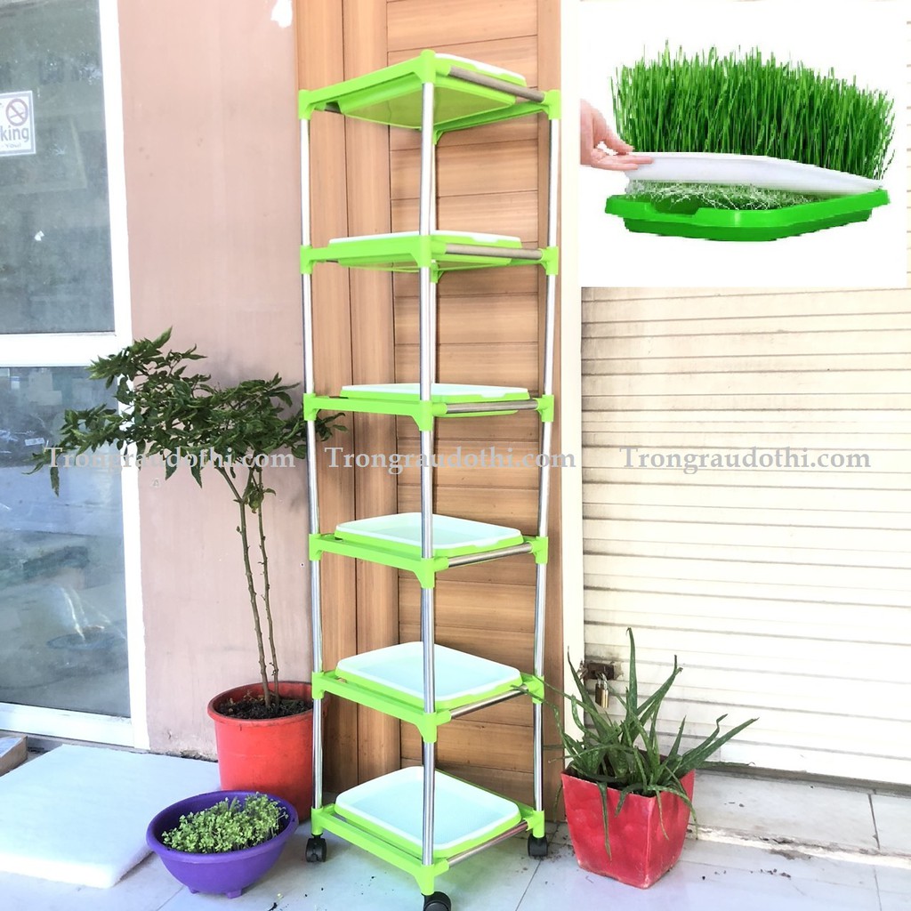 (TẶNG 500gram HẠT RAU MẦM ĐẬU HÀ LAN + 1 VÒI XỊT) Bộ chậu kệ trồng rau mầm lắp ghép 6 tầng 6 chậu