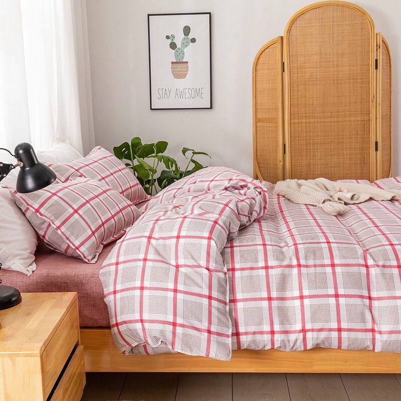 Bộ chăn ga gối poly cotton: kẻ (xanh/xanh lá/hồng) | BigBuy360 - bigbuy360.vn