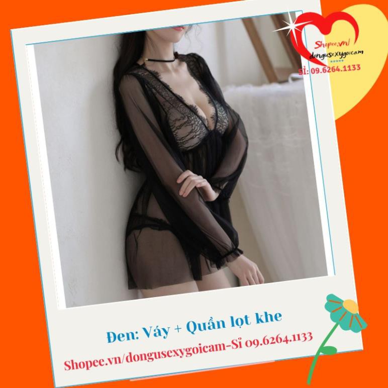 Đầm ngủ gợi cảm sexy xuyên thấu kiểu dài tay sang chảnh (Hở lưng, TAY PHỒNG DÀI) có hai màu đen trắng tôn da  ྇