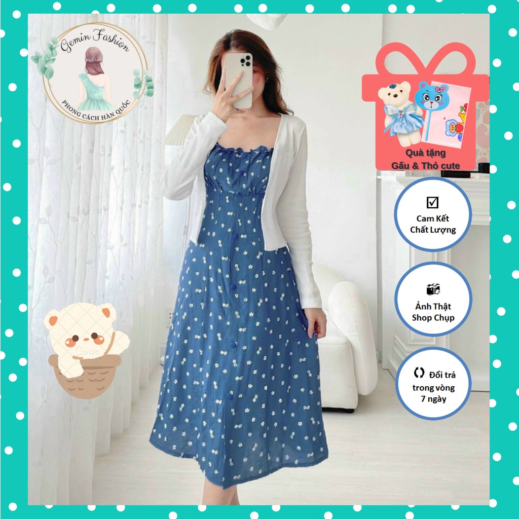 Cindy Dress - Set Váy Đầm Midi hai dây màu xanh coban hoa nhí kèm áo khoác thun gân đẹp style Hàn Qu