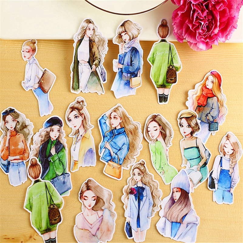 ❀ Fashion Ladies Q-2 Diary Giấy và decal dán tường ❀ 15Pcs/set Beauty Lady Album Scrapbooks DIY Decor Stickers ML07491