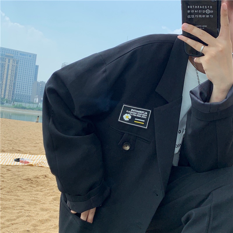 ♞AFF LIGA♞ Áo khoác blazer màu trơn thiết kế dáng rộng phong cách Hàn Quốc thời trang đường phố cho nam