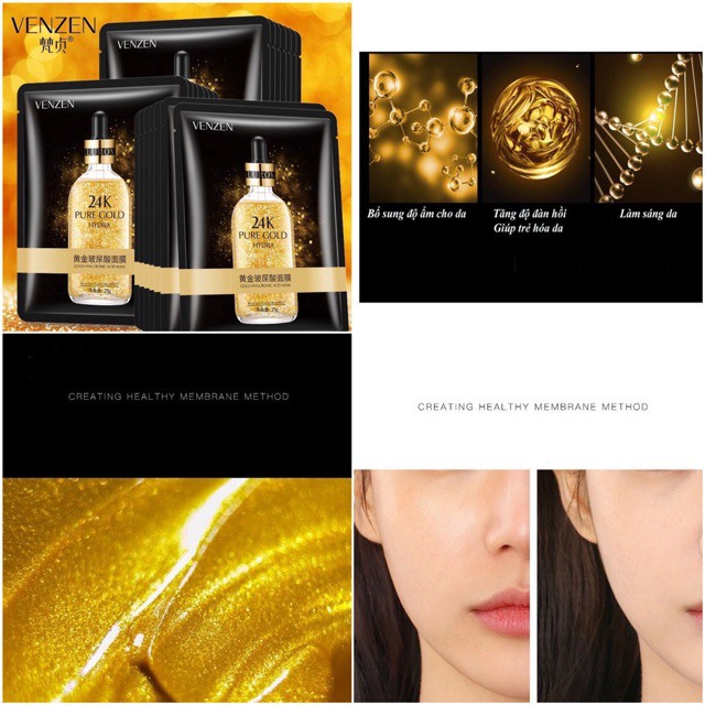 Mặt nạ vàng 24k collagen trắng da ngừa lão hóa Pure Gold Venzen Zozu (10 miếng)