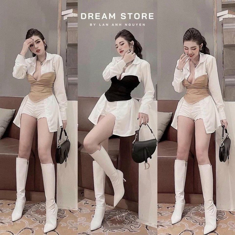 Áo sơ mi dài phối eo thun ôm - S0U
