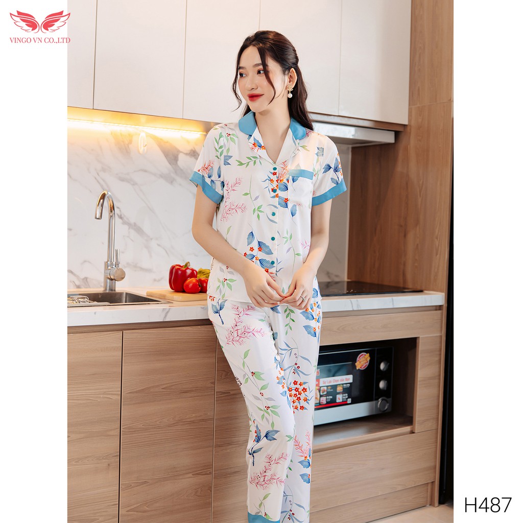 Đồ Bộ Ngủ Nữ Pijama Mặc Nhà VINGO Lụa Pháp Cao Cấp Tay Cộc Quần Dài Họa Tiết Hoa Phối Xanh Thanh Lịch H487 VNGO