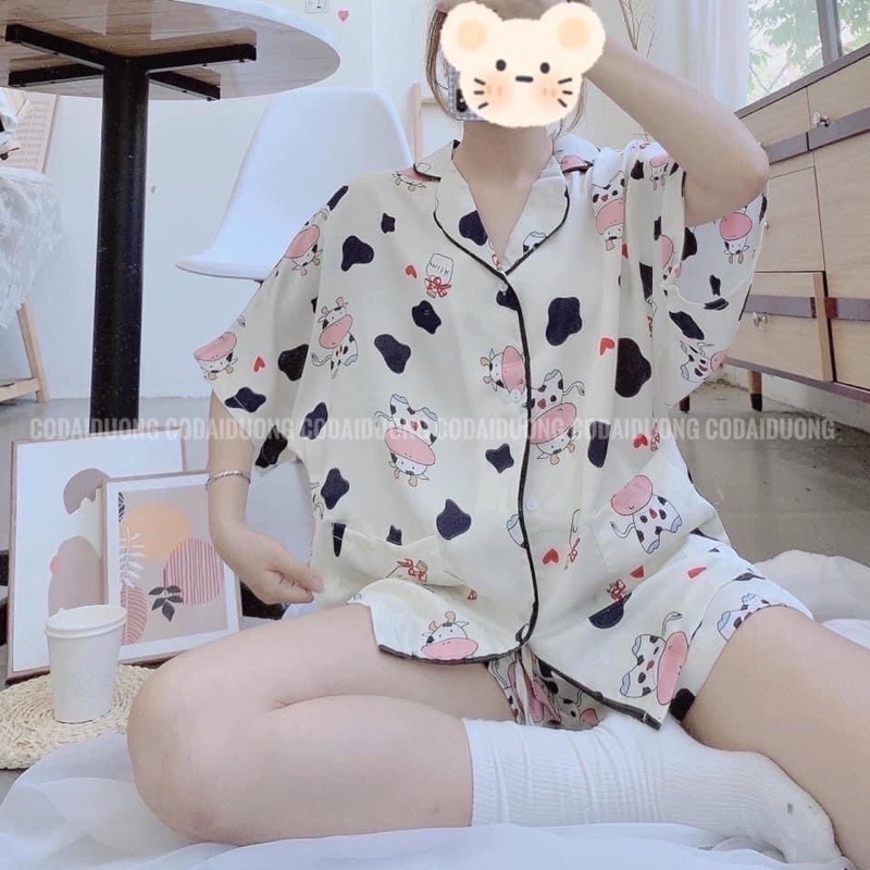 PIJAMA Nữ Bò Sữa Cute 🦋 Đồ Ngủ Set Mặc Nhà Bò Sữa Mũi Hồng 🦋