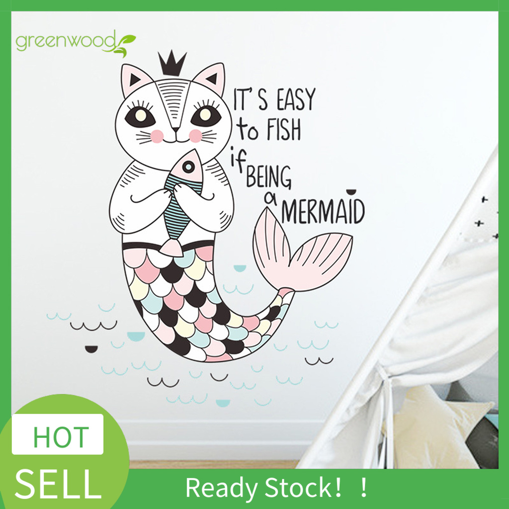 【Green】Cartoon Kitten Mermaid Wall Sticker Kids Room Self-adhesive Background Decals