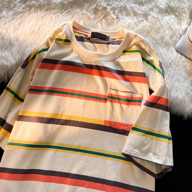 Áo Thun Tay Ngắn Dáng Rộng Họa Tiết Kẻ Sọc Phong Cách Hip Hop Đường Phố Hàn Quốc Thời Trang Mùa Hè Cho Nam Cỡ Lớn M-2XL