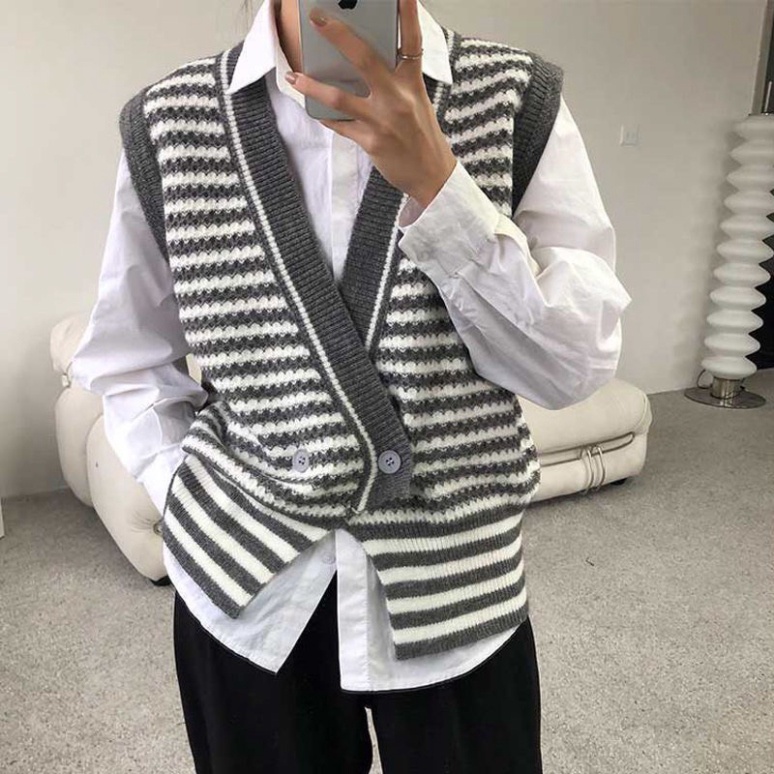 Áo Gile Len Nữ Họa Tiết Kẻ Sọc, Áo Len Gile Mỏng Cúc Sọc Ngang Hình Sóng Hàng Quảng Châu | BigBuy360 - bigbuy360.vn