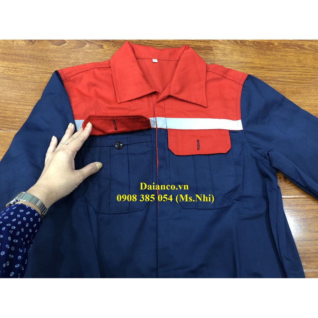 Quần áo bảo hộ tay dài màu tím than phối đỏ DN14 vải kaki thấm hút mồ hôi - Hình thật