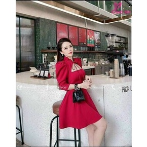 Đầm tiểu thư đi dự tiệc cưới sang chảnh cá, thiết kế tay phồng khoét cổ sâu sexy có mút, tà váy xòe tôn dáng dài đẹp