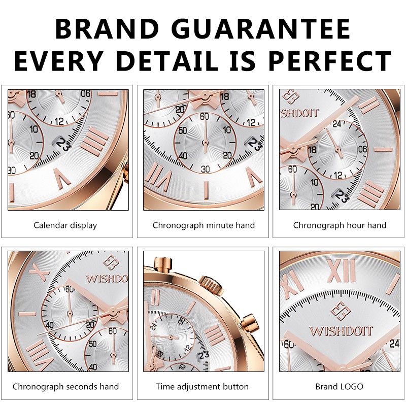 【Official product】WISHDOIT Multifunction Three-eye chronograph Sports waterproof swim watches stainless steel business casual watch Popular watches Calendar function Quartz watch Student watch.