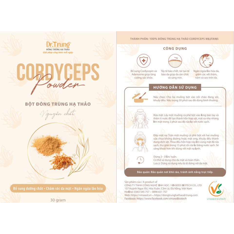 Đông trùng hạ thảo Dr. Trung bột nguyên chất 30g (Cordycepin &amp; Adenosine cao giúp tăng đề kháng mạnh, ngủ ngon, giảm mệt