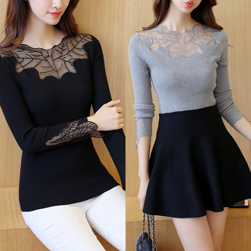 Áo Kiểu Tay Dài Phối Ren Hoa Chất Liệu Co Giãn Thời Trang Dành Cho Nữ