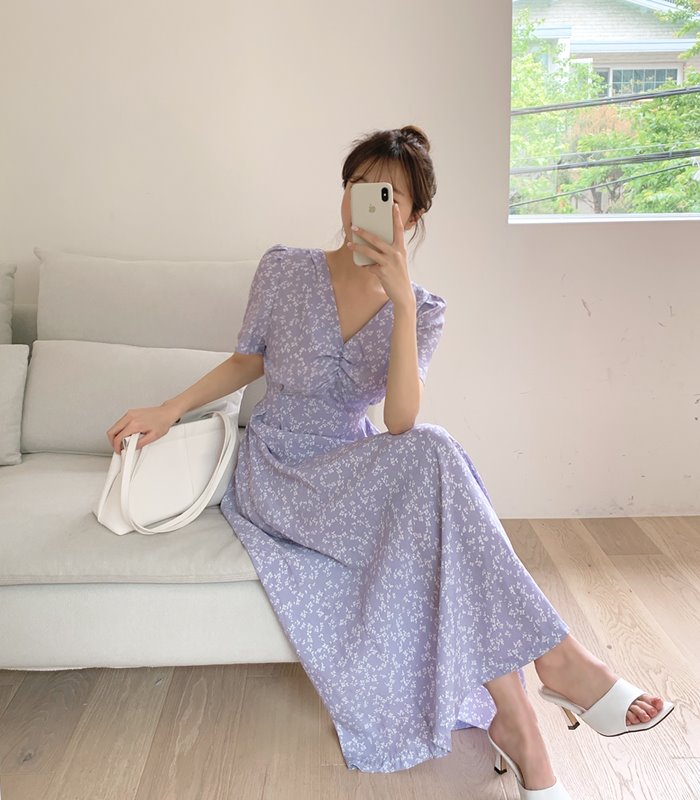 Đầm voan hoa cổ chữ V phong cách Hàn Quốc xinh xắn cho nữ