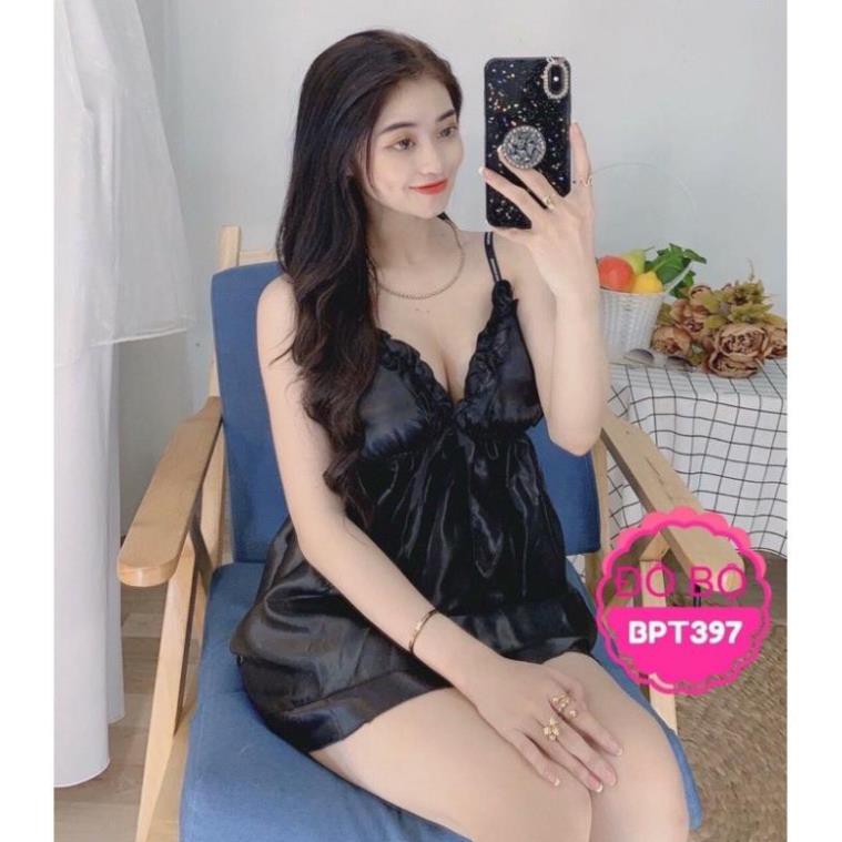 [Có size 68kg] Đồ ngủ sexy nữ 🔥 FREESHIP🔥Đồ ngủ hai dây có mút ngực, cột nơ chất phi hai dây chất mịn quyến rũ  ྇