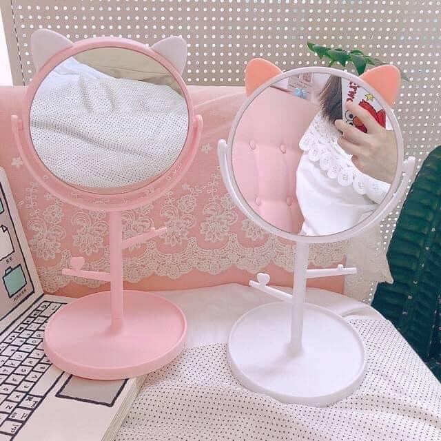 Gương trang điểm để bàn mini hình tai mèo độc đáo cho nữ đồng thời trang trí phòng ngủ sinh động
